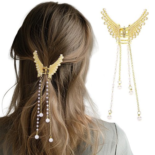 Jeairts Butterfly Hair Clip Gold Pearl Claw Clips Tassel Headpiece Stylish Hair Accessories for Women