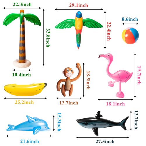 R HORSE 9Pcs Inflatable Palm Tree Flamingo Banana Beach Ball Parrot Monkey Shark Dolphin Beach Pool Toys for Tropical Hawaiian Luau Party Summer Pool Beach Party Outdoor Indoor Decorations