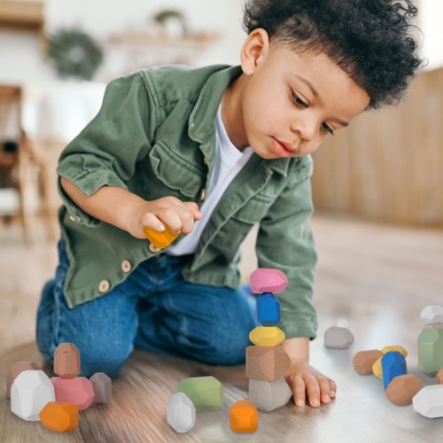Acorn Avenue 36 PCS Wooden Bright Earth Color Sorting Stacking Rocks Stones,Sensory Toddler Toys Learning Montessori Toys, Building Blocks Game for Kids 3+, Boy and Girl Birthday Gifts for Kids