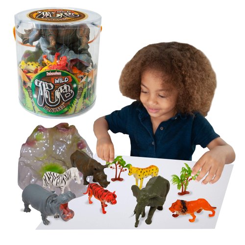 Tub Playset - Wild Animal from Deluxebase. Zoo Animal Toy Figurine Set for Kids with Reusable Tub. 10 Piece Imagination Toys Playset with Toy Storage Including Zebra, Tiger, Lion, Rhino and More.
