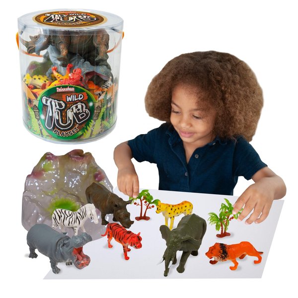 Tub Playset - Wild Animal from Deluxebase. Zoo Animal Toy Figurine Set for Kids with Reusable Tub. 10 Piece Imagination Toys Playset with Toy Storage Including Zebra, Tiger, Lion, Rhino and More.