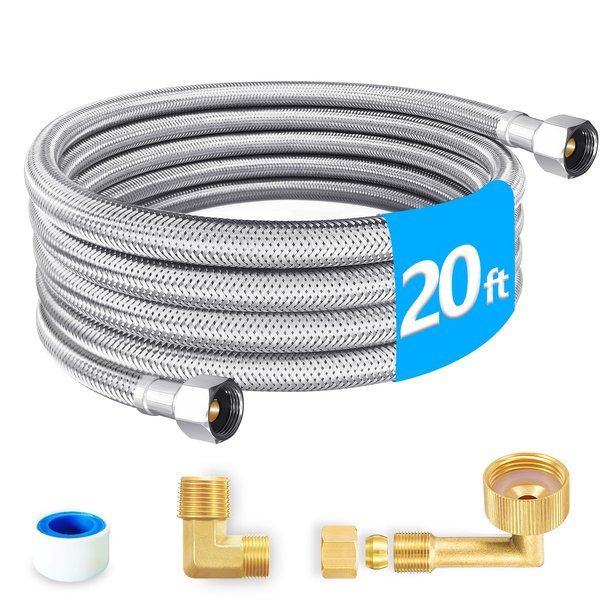 Dishwasher Installation Kit - 20 FT Premium Stainless Steel Braided Dishwasher Hose kit,Food Grade PEX Inner Tube Dishwasher Water Supply Line with 3/8"x3/8"MIP Elbow,3/8"x 3/4" FHT Elbow