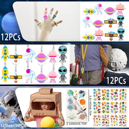 Aoocoeo Space Party Favors for Kids Outer Space Themed Birthday Party Supplies, Party Favors Space Toys Included Mini Toys, Slap Bracelet, Sticker, Necklace,Keychains