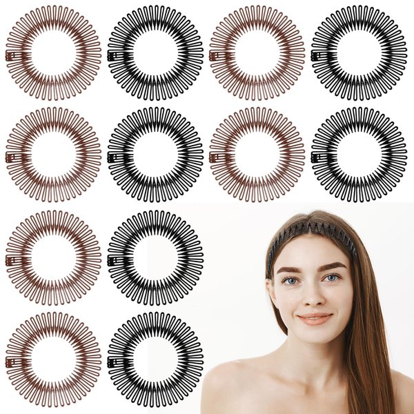 12 PCS Zig Zag Headbands Full Circle Headband with Clips Stretch Headband with Teeth Headband Holder 90s Hair Accessories Stretch Headbands for Women Girls