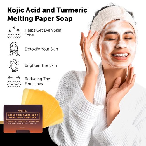 VALITIC Kojic Acid Dark Spot Corrector Paper Soap - Travel Size - 100 Portable and Dissolvable Soap Sheets -with Vitamin C, Retinol, Collagen and Turmeric - 2 Pack