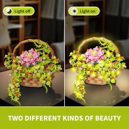 Flower Bouquet Building Set with LED Light, Flowers Basket Bonsai Botanical Collection Building Toys for Adults And Kids, Home Decor Gift for Valentine's Day, Birthday, Christmas Day（691PCS）