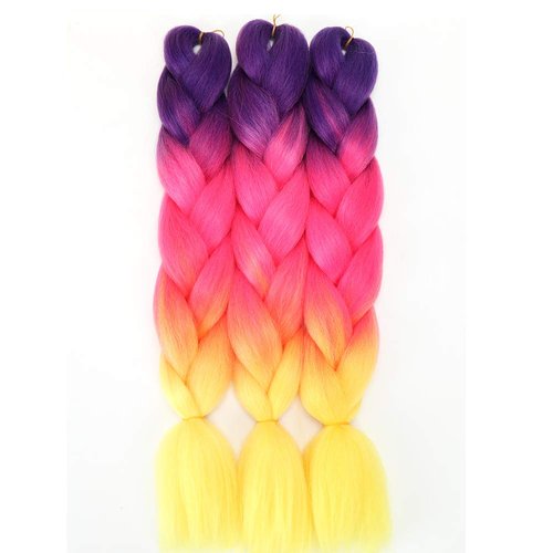 Imierfa Rainbow Braiding Hair Extensions,Braiding Hair Feed in Hair for Braids Braiding Crochet Hair Extension 3 Tone Color Synthetic Hair Bundles (Purple-Red Pink-Yellow 24" 3PCS)