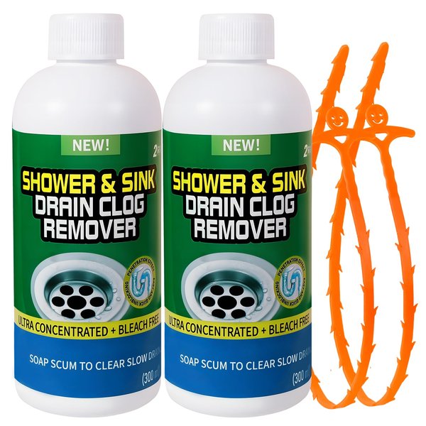 Drain Cleaner Clog Remover Liquid: Sink Kitchen Bathroom Shower Drain Cleaning Solution - Safe for Household Pipes Prevents Build-Up (2Pcs)