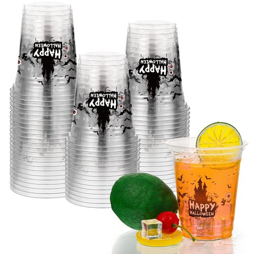 12oz Halloween Party Cups, Happy Halloween Disposable Clear Cups Plastic Printed Party Cups with Bat Ghost for Halloween Party Decoration, Party Supply for Beer Beverage Ice Cream Snacks(36 Count)