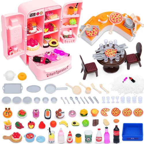 ETNRHP Dollhouse Mini Toy Fridge Table Dining with Mini Food Play Refrigerator for Kids Kitchen Furniture Fruits Vegetable Juice Milk Desserts for Children Drink Pretend Play Game Fake Ice Cubes