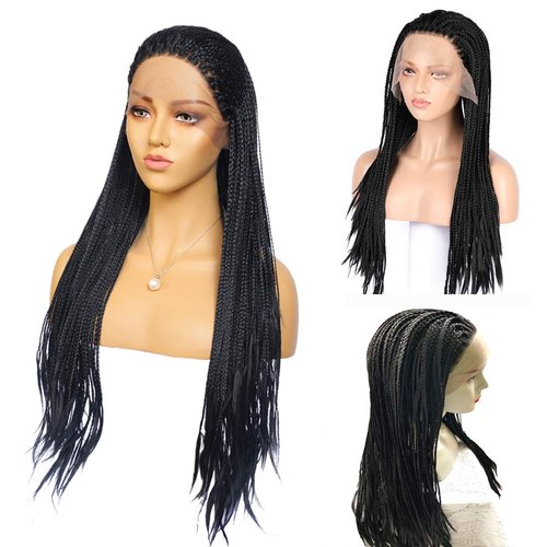 lara&missy 24 Inch Long Lace Front Micro Million African Braided Wigs for Women and Girls (1B), with One Mother of Pearl necklace and One Wig Cap