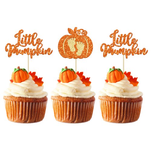 24Pcs Little Pumpkin Cupcake Toppers Glitter Pumpkin Cupcake Picks Little Pumpkin Baby Shower Dec...