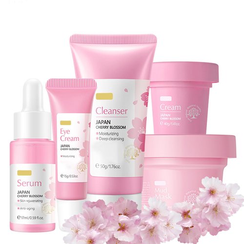 Skincare Gifts For Women,5PCS Cherry Blossom Skin Care Sets & Kits for Dry Skin,Sakura Skin Care Set with Essence,Mud Mask,Facial Cleanser,Eye Cream,Face Moisturizer,Smoothing Skin Tone-All Skin Type