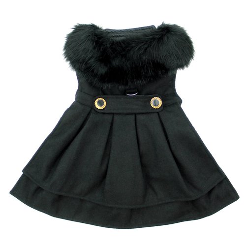 DOGGIE DESIGN Black Wool and Black Fur Dog Harness Coat (L)