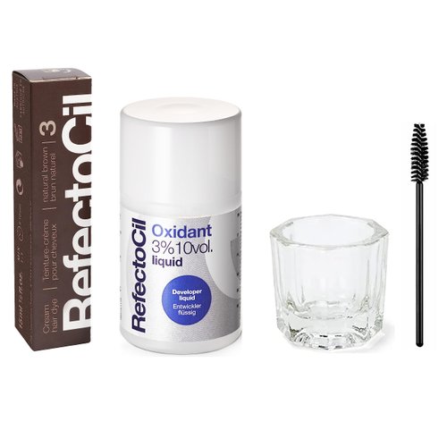 RefectoCil Natural Brown (#3) Hair Tinting Kit Includes Cream Hair Dye + Liquid Oxidant 3% + Mixi...