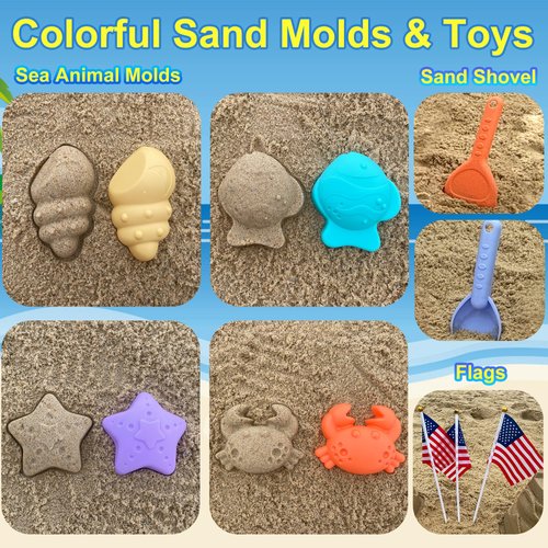 Carlerait Beach Toys Set for Kids, Collapsible Beach Bucket and Shovels Set with Mesh Beach Toys Bag, Sand Molds, Flags, Sand Toys for Toddlers Kids