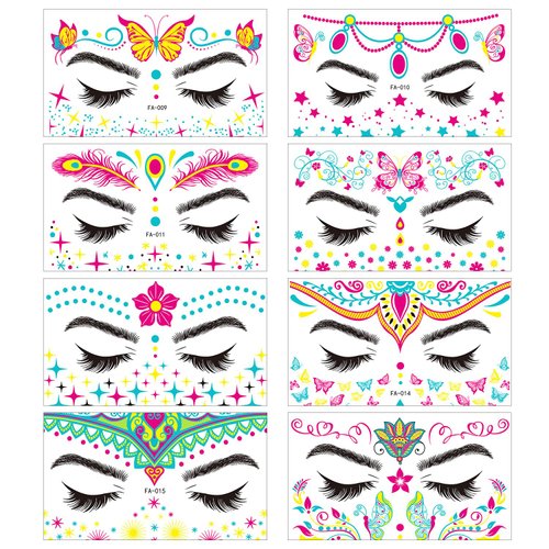 Bntyok Luminous Face Gems Tattoo Stickers Jewelry Glow in the Dark Fluorescent Face Rhinestone Tattoo Noctilucent Temporary Tattoo Sparkly DIY for Halloween Christmas Festival