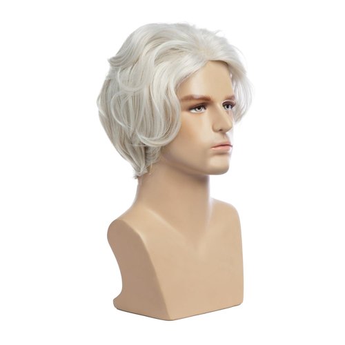 Beweig Mens Grey Wigs Short Bob Wave Silver Gray Wig Halloween Cosplay Wig Anime Costume Party Wig for Old Men
