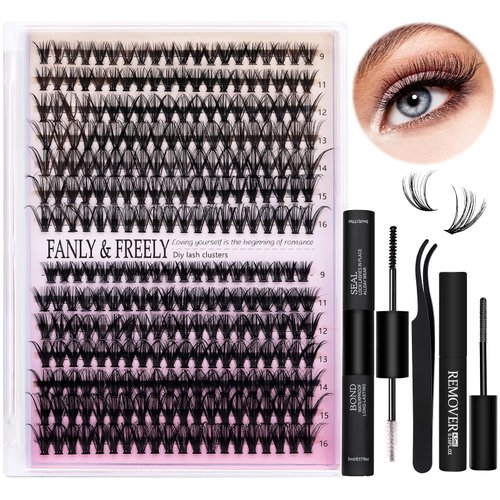 DIY Eyelash Extension Kit 280pcs Lash Clusters D Curl Individual Lashes Extension Kit with Lash Bond and Seal Lash Tweezers Lash Glue Remover for Lash Extension at Home (30D+40D-0.07D-9-16MIX KIT)