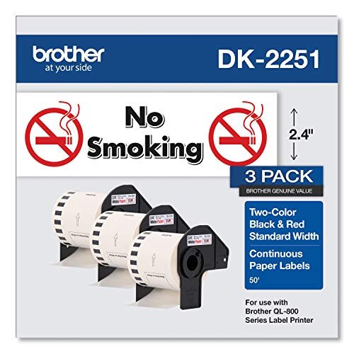Brother Genuine DK-22513PK Continuous Length Replacement Labels, Black/Red Label on White Paper Tape, Engineered with Excellence, 2.4” x 50 feet, (3) Rolls per Box (DK22513PK)