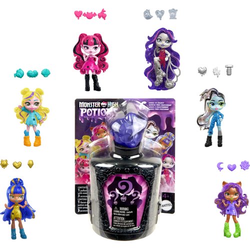 Monster High Potions Mini Dolls and Accessories, Surprise 3-inch Character Figures in Display Bottle with Water Reveal & Charms (Characters May Vary)