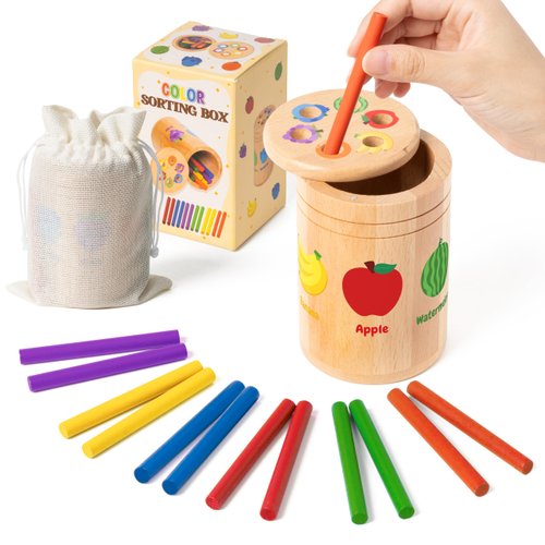 BeYumi Color Sorting Toys for Kids Wooden Montessori Toys for 1-3 Year Old Fruit Sorting Sticks Learning Matching Box for Toddlers Age 1 2 3 Preschool Fine Motor Skills Sensory Matching Game Baby Gift