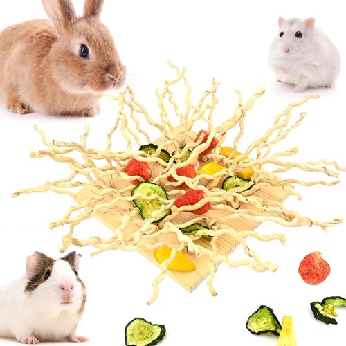 DAMPET Rabbit Foraging Toys, 6" x 6" Hand Made Wood Foraging Toys with Corn Hand-Woven Rope, Enrichment Toy Bed Activity Mat for Bunny, Guinea Pigs, Ferrets, Chinchillas, Small Animals (Style 1)