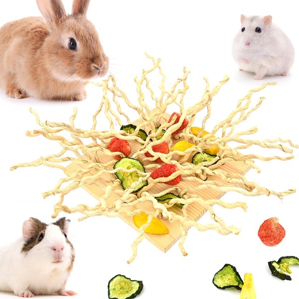 DAMPET Rabbit Foraging Toys, 6" x 6" Hand Made Wood Foraging Toys with Corn Hand-Woven Rope, Enrichment Toy Bed Activity Mat for Bunny, Guinea Pigs, Ferrets, Chinchillas, Small Animals (Style 1)