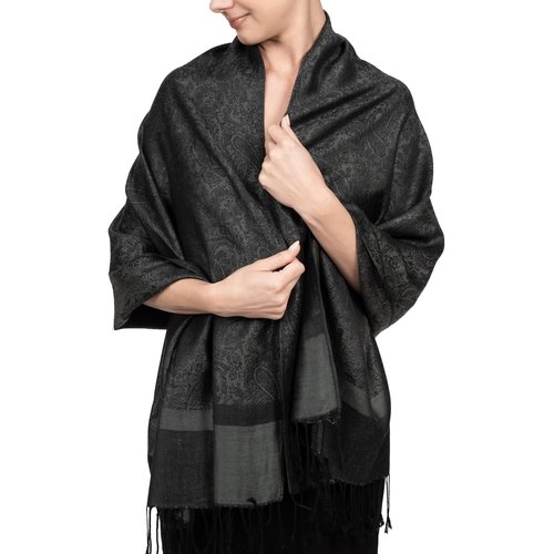 Achillea Women's Two Tone Vintage Jacquard Paisley Pashmina Shawl Wrap Scarf (Charcoal Gray)