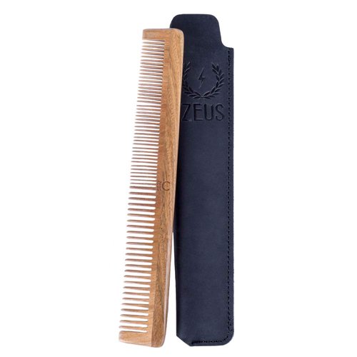 ZEUS Sandalwood Beard &amp; Mustache Comb w/Leather Sheath. Handmade Saw-Cut, Anti-Static Comb - L31