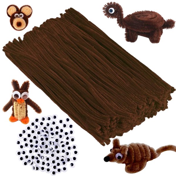 200pcs Brown Pipe Cleaners and self-Adhesive Wiggle Eyes, Christmas Pipe Cleaners, Pipe Cleaners Bulk, Art and Craft Supplies, Chenille Stems Pipe Cleaners, Pipe Cleaner Crafts…