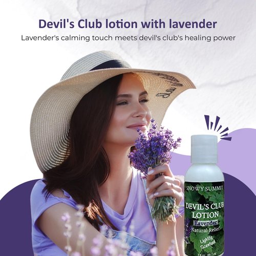 Snowy Summit Lavender Devil's Club Lotion - Quick Absorbing Herbal Body Lotion for Dry Skin Relief - Alaskan Crafted Natural Lotion with Olive, Avocado & Sweet Almond Oil - Non-Greasy Formula - 3 oz.