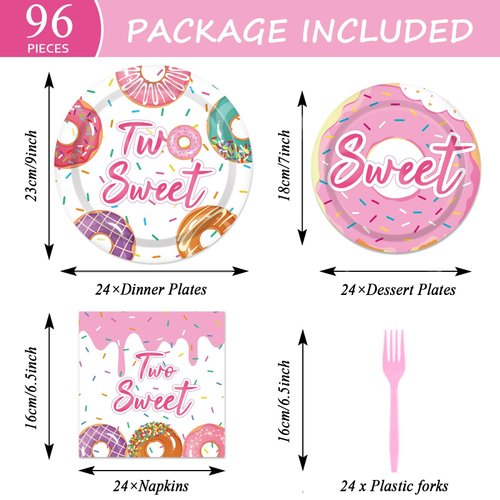 96 Pcs Two Sweet Donut Birthday Party Supplies Girls Donut Themed Tableware Table Decor Baby Girl 2nd Birthday Donut Plates Napkins Dinnerware Party Favor for Girls Birthday Baby Shower 24 Guests