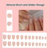 ANDGING White Oval Press on Nails Short Glossy Fake Nails with Glitter Design Gel Almond Glue on Nails for Women Girls Acrylic False Nails with Glue Full Cover Stick on Nails for Wedding Birthday