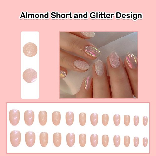 ANDGING White Oval Press on Nails Short Glossy Fake Nails with Glitter Design Gel Almond Glue on Nails for Women Girls Acrylic False Nails with Glue Full Cover Stick on Nails for Wedding Birthday