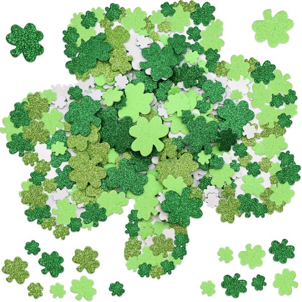 300 Pieces Green Glitter Shamrock Foam Stickers for St Patrick's Day - Lucky Clover Foam Stickers for Kids, St. Patricks Day Irish Party Decoration Craft Supply Self Adhesive Seals for Window Wall