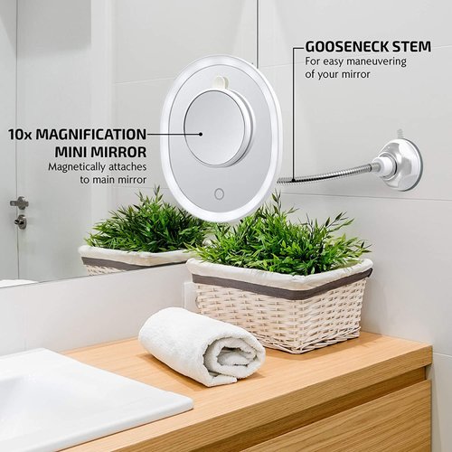 OVENTE 9'' Lighted Wall Mount Makeup Mirror with Mini Magnetic 10X Magnifying Mirror, Rechargeable Vanity Mirror, Touch Screen Dimmable LED Lights, Flexible Gooseneck & Suction Mounting, White MOW22W