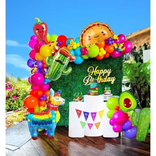 Fiesta themed balloon garland kit 150pcs Mexican Fiesta Party Decorations Arch With Cactus Llama Taco Avocado Chili Pepper Mylar Balloons for carnival Birthday Cinco De Mayo Taco Party Supplies