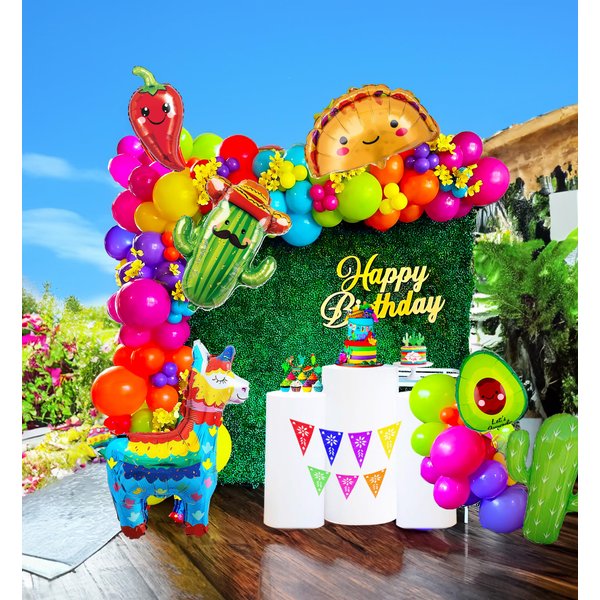Fiesta themed balloon garland kit 150pcs Mexican Fiesta Party Decorations Arch With Cactus Llama Taco Avocado Chili Pepper Mylar Balloons for carnival Birthday Cinco De Mayo Taco Party Supplies