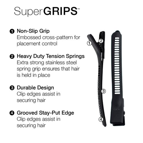 Cricket Super Grips Professional Salon Hair Clips for Styling, Cutting, Sectioning and Coloring, Rubberized Aluminum, 6-Pack, Black