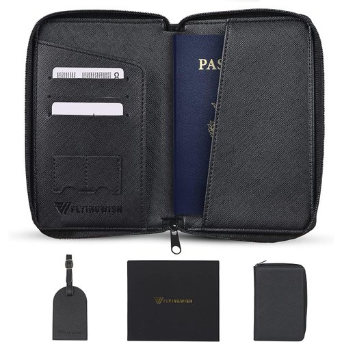 RFID Blocking Waterproof Passport Holder & Luggage Tag Set with Zipper Closure & Sim Pockets | Lightweight PU Leather Passport Wallet for Men & Women | Travel Wallet Organizer | Black