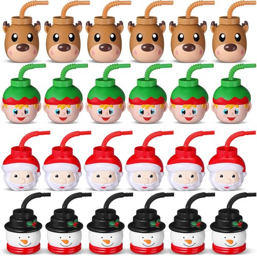 Sliner 24 Pack Christmas Party Favor Gift Cups with Straws and Lids,10 oz Christmas Plastic Cups Cute Santa Claus Elk Snowman Elf Christmas Holiday Cups for Winter Xmas Birthday Party Gifts Supplies