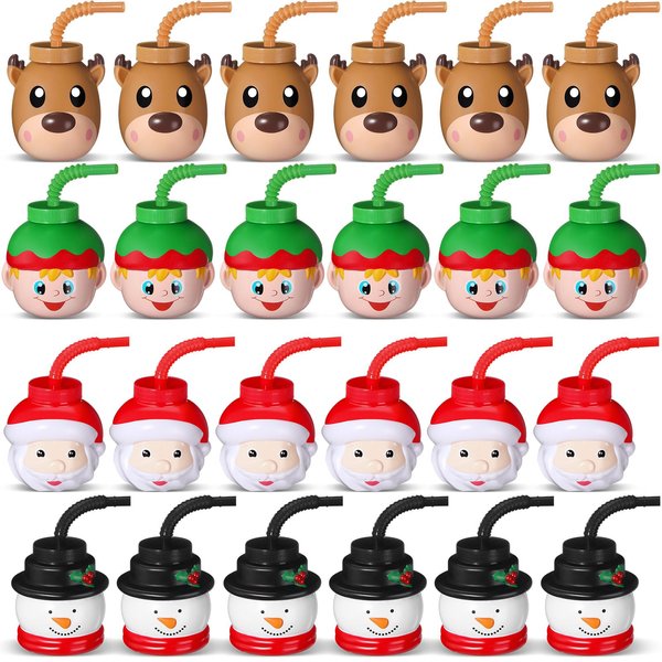 Sliner 24 Pack Christmas Party Favor Gift Cups with Straws and Lids,10 oz Christmas Plastic Cups Cute Santa Claus Elk Snowman Elf Christmas Holiday Cups for Winter Xmas Birthday Party Gifts Supplies