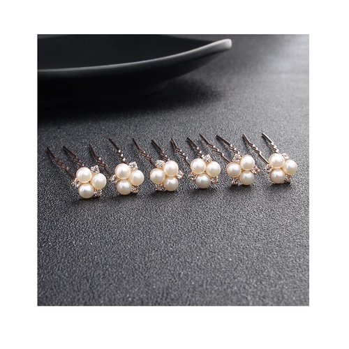 Suandsu 6 Pcs Pearl Crystal Hair Pins Bride Wedding Hair Clips Rhinestone Hair Piece Accessories for Women and Girls Rose Gold
