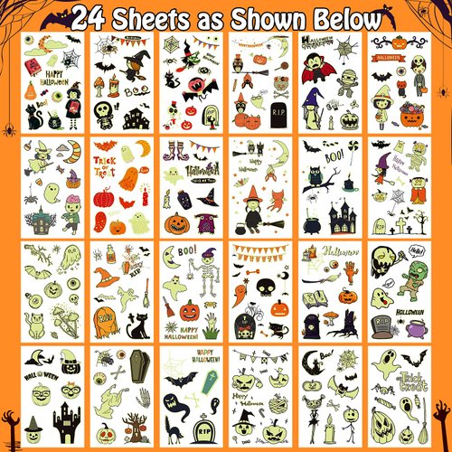 Partywind 250 Styles Glow Halloween Party Supplies, Luminous Halloween Temporary Tattoos for Kids Birthday Party Decorations Favors, Halloween Goodie Bag Fillers (24 Sheets)