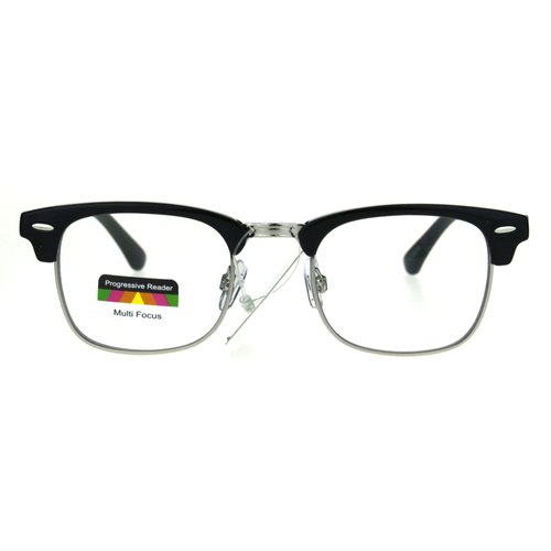 Half Horn Rim Hipster Multi 3 Focus Progressive Reading Glasses Black Silver 1.5