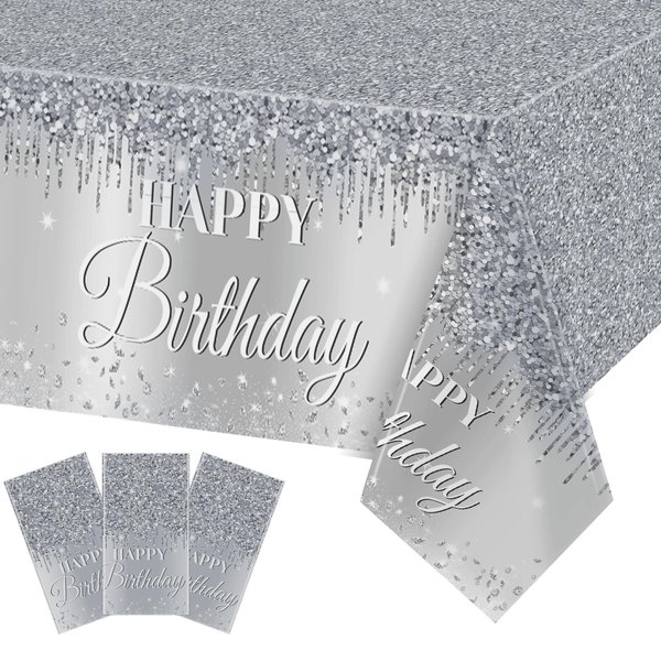 Silver Happy Birthday Party Decorations Silver Theme Table Covers Silver Glitter Birthday Party Tablecloths Supplies Diamonds Silver Party Tablecloths for Baby Shower Wedding Birthday Parties Supplies