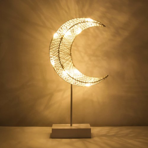 Lewondr Decorative Table Lamp, Battery Powered Christmas Moon Shape Ramadan Desk Lamp, Winding Thread Warm LED Crescent Light Xmas Home Bedroom Romantic Bedside Desktop Nightstand Decoration - White