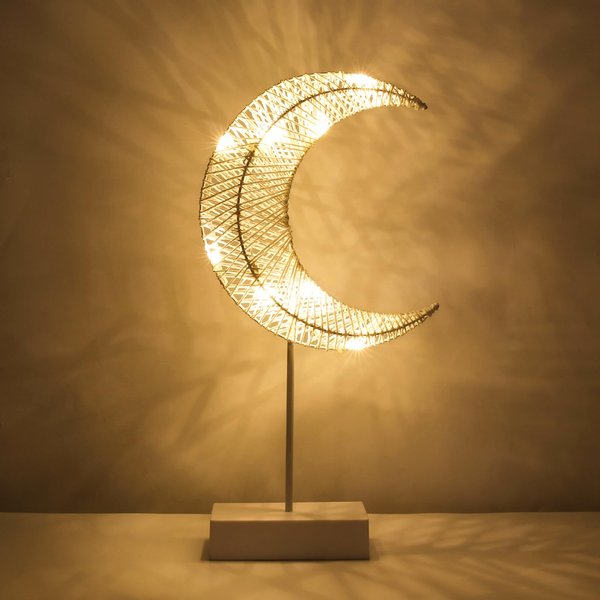 Lewondr Decorative Table Lamp, Battery Powered Christmas Moon Shape Ramadan Desk Lamp, Winding Thread Warm LED Crescent Light Xmas Home Bedroom Romantic Bedside Desktop Nightstand Decoration - White