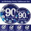 96 Pcs 90th Birthday Party Supplies Navy Blue and Silver Birthday Plates 90th Birthday Paper Tableware Happy Birthday Party Plates and Napkins Forks Blue Birthday Table Decorations for 24 Guests